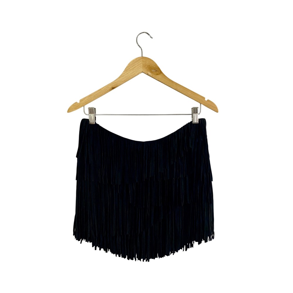 NWT Haute Hippie Suede Fringe‎ Mini Skirt S $565 Black Silk Lined Western Boho - Picture 7 of 10